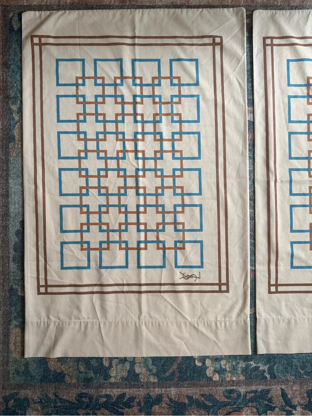 Vintage 1970sYves Saint Laurent pillow cases with Blue and Brown Geometric Print